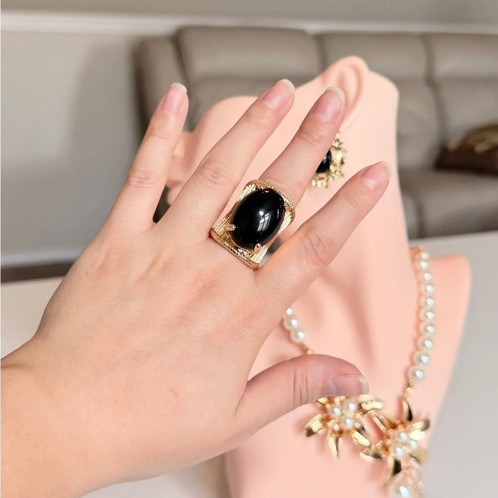 Gold-Tone Black Cabochon Statement Ring